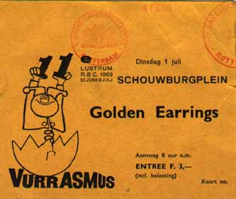 The Golden Earrings show ticket July 01, 1969 Rotterdam - Vurrasmus show